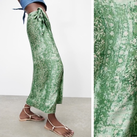 Zara Green Printed Wrap Skirt with Beaded Waist Size S - Picture 4 of 12